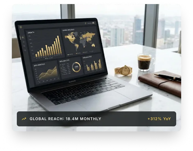 Analytics dashboard on a laptop, global reach 18.4M monthly