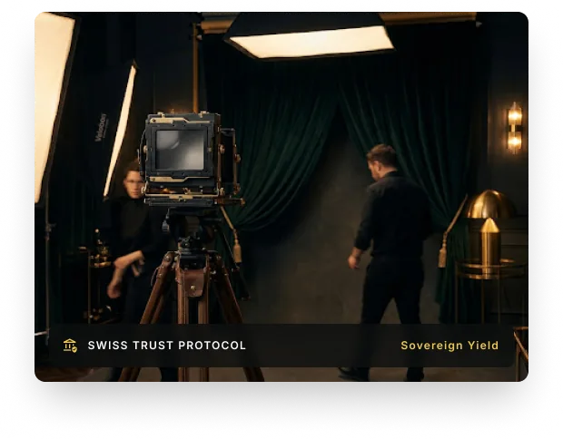 Private studio with a large-format camera, Swiss trust protocol, sovereign yield